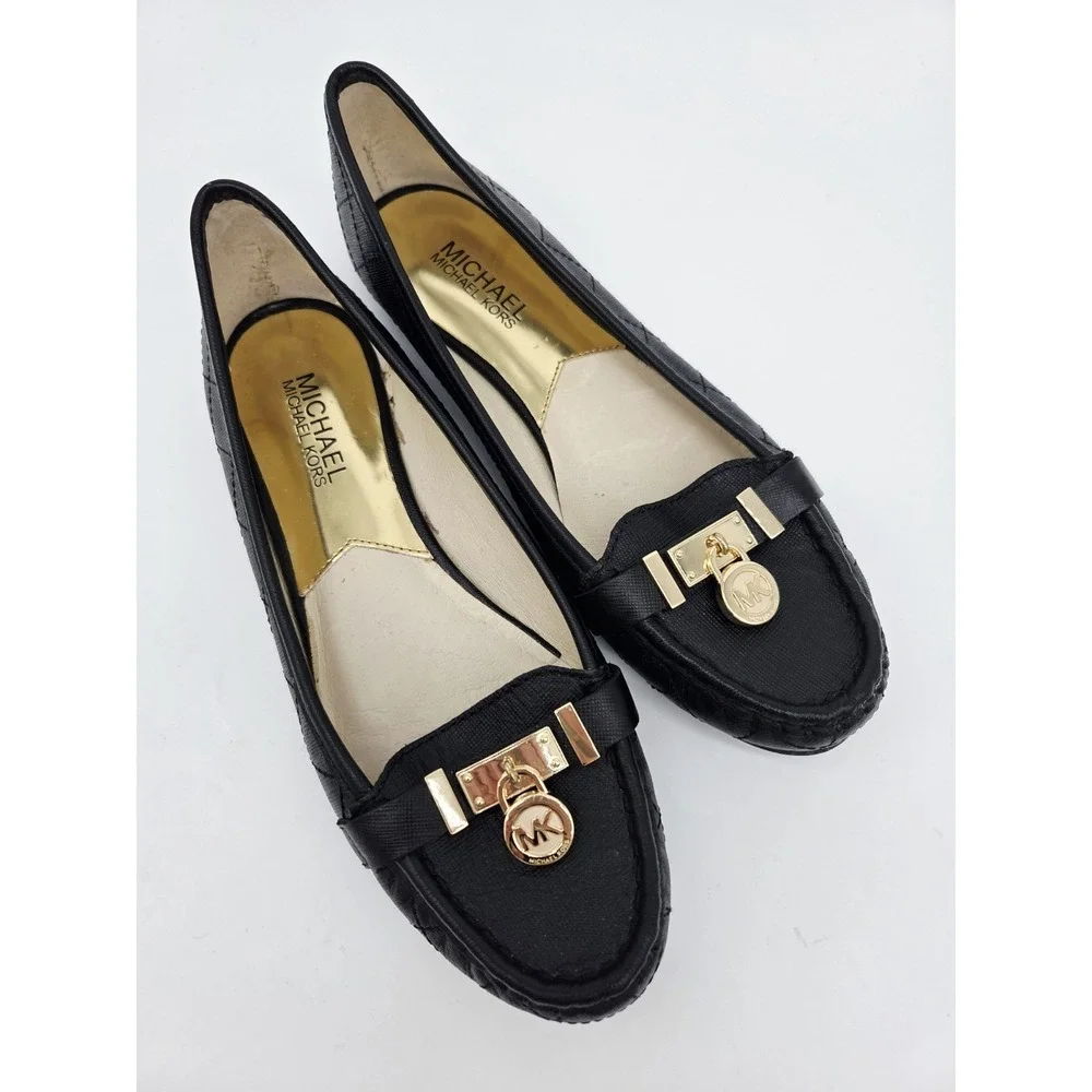 Michael Kors Womens Black Leather Classic Hamilton Flat Loafers Padlock Size 7.5